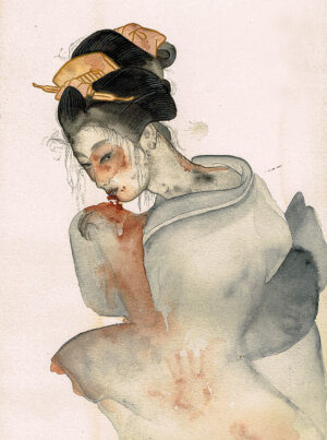to show a watercolour painting by Anna Sandberg depicting a Japanese female ghost, yurei, stained with blood