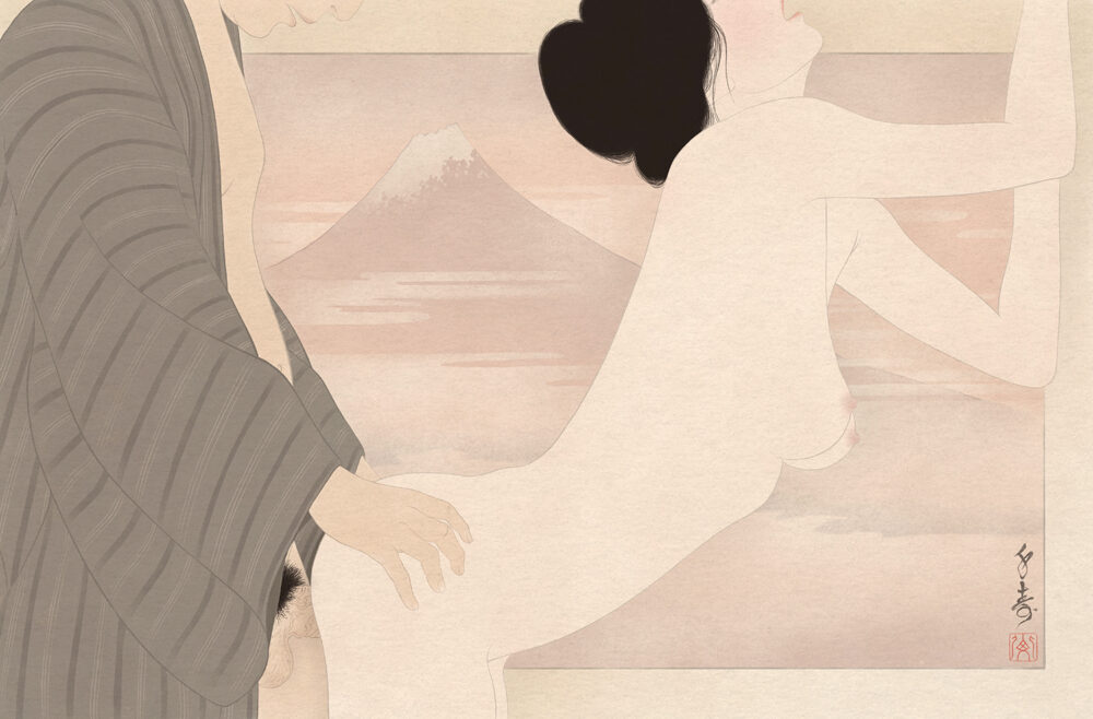 An erotic and sensual shunga print from the series "36 views of mt. Fuji" by Swedish artist Senju. It shows a man and a woman having passionate sex int he glow of twillight