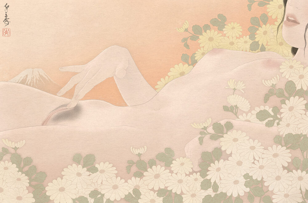 A painting with an erotic and sensual feel in the Japanese Shunga style. Showing a beautiful nude woman masturbating on a flowery mountain slope. Mount Fuji is in the background. A celebration of the original 36 views of Mount Fuji by Hokusai