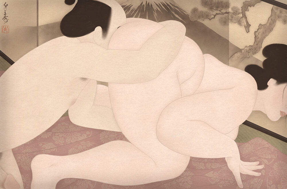 Shows a sensual and erotic Japanese shunga painting by Swedish artist Senju. It depicts a BBW curvy plus size woman in a sexual encounter with a man during the Edo period. The man is eating her ass in front of a folding screen showing a painting of Mount Fuji and a pine tree.
