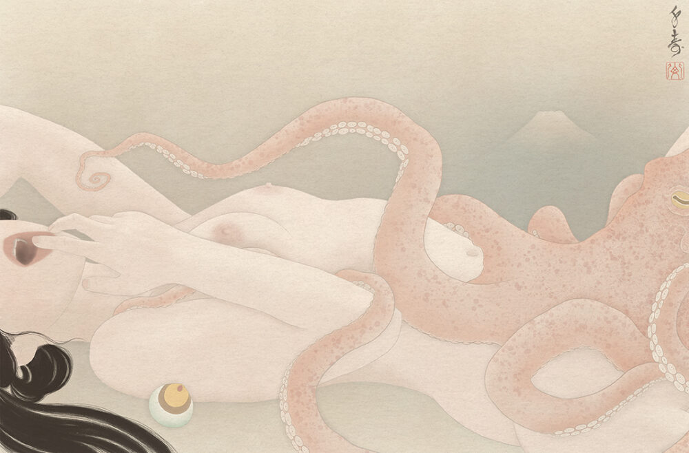 A sensual painting in the Japanese traditional shunga style. Depicting an erotic scene first made famous by Hokusai, in which an Octopus and a young woman are locked in a sexual embrace.