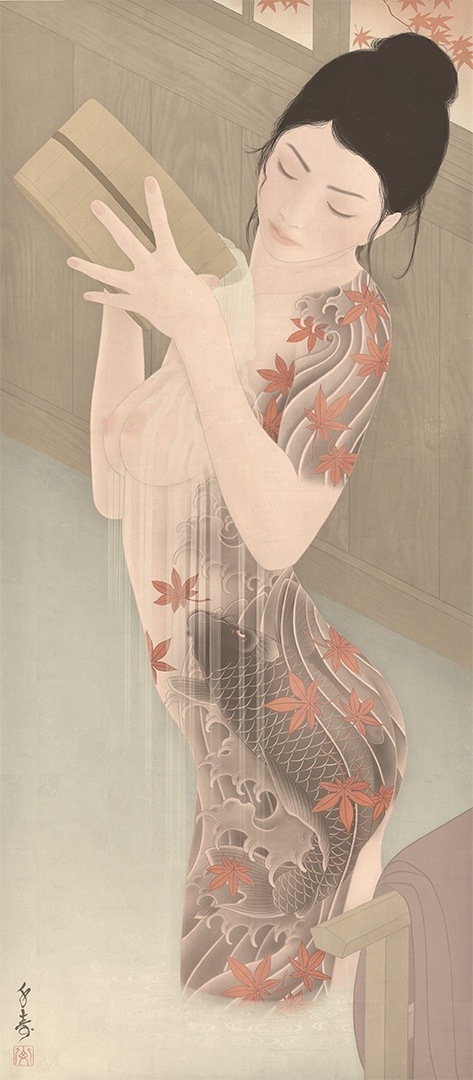 A senila painting by Senju depicting a nude in a Japanese bath house. She is wearing an Irezumi full bodysuit tattoo showing a koi jumping in a waterfall.