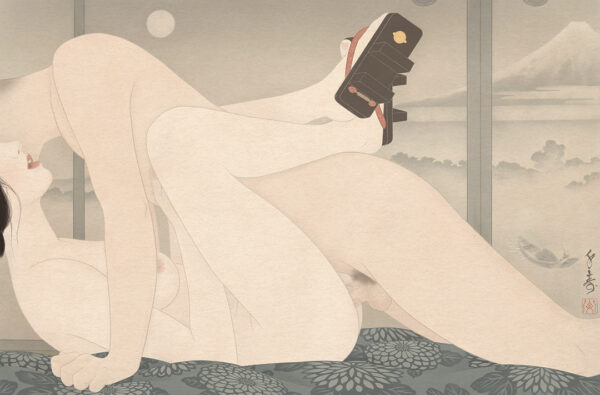 An erotic painting in the traditional Japanese shunga style. depicting a couple fucking in front of a folding screen depicting a scene of Mount Fuji at night. The woman is wearing Geta, Japanese wooden clogs. This work is a part of a series of sensual paintings by Senju. An homage to the original series 36 views of Mount Fuji by Hokusai.