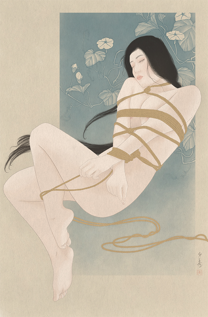 an image showing a beautiful young Japanese woman tied with ropes in kinbaku or shibari bondage play. A sensual and erotic shunga painting by Senju.