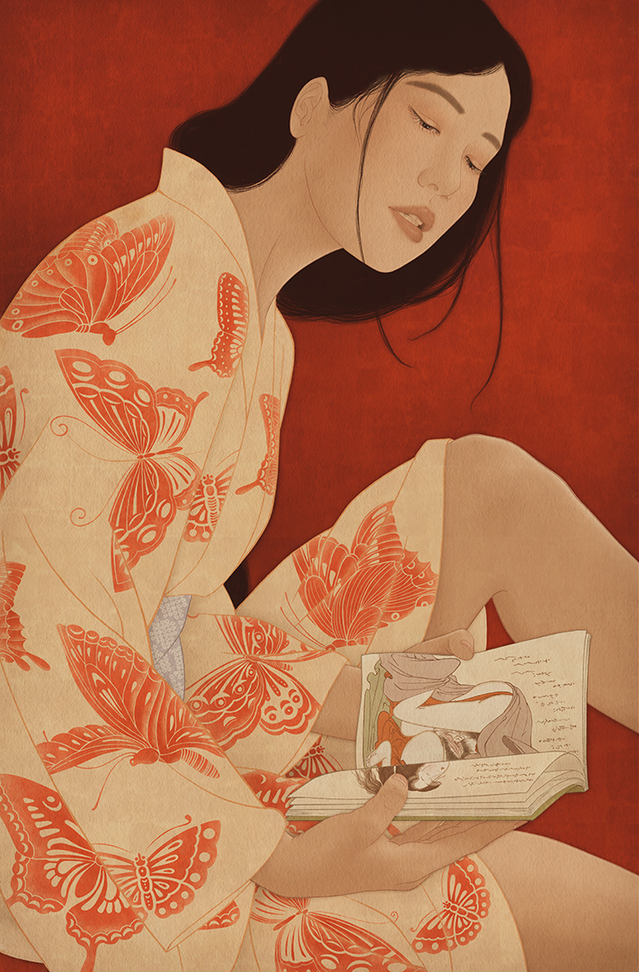 A bijinga painting in Japanese nihonga style by Swedish erotic artist Senju. A young beautiful Japanese woman is reading a shunga book.