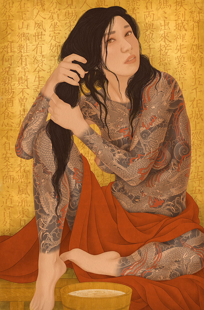 an image to show a print by Senju Shunga, showing a nude beautiful and sensual Japanese woman wearing a full body suit Japanese irezumi tattoo.