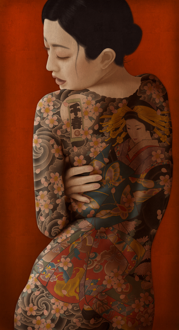 A sensual and erotic irezumi bijinga painting by Senju. It shows a beautiful, nude japanese woman wearing a full bodysuit traditional japanese tattoo of a highranking Yoshiwara courtesan with falling sakura cherry blossoms