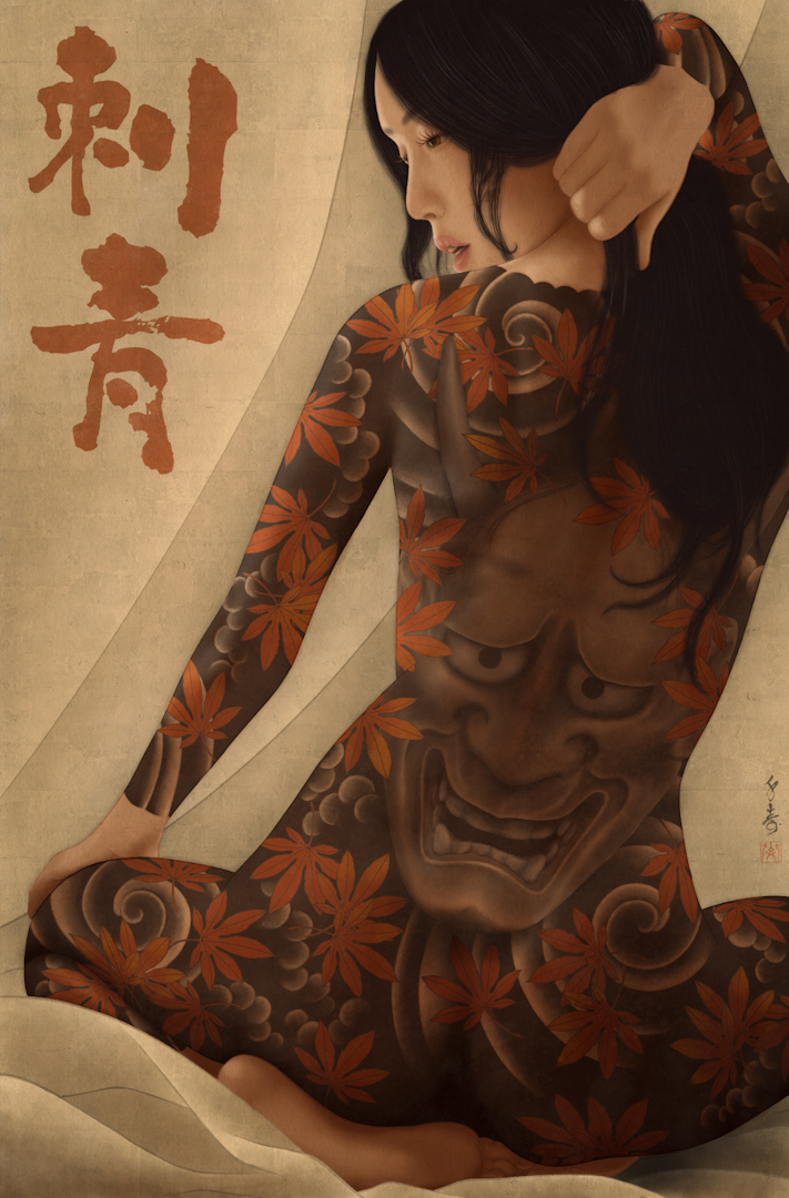 A painting by Swedish irezumi tattoo artist and shunga painter Senju, depicting a beautiful Japanese female nude wearing a traditional Irezumi bodysuit tattoo showing hannya mask and momiji autumn leaves, telling the kabuki and Noh story of momijigari